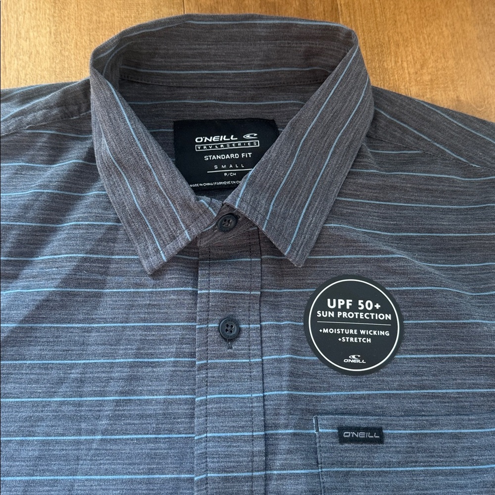 O'Neill Men's Short Sleeve Navy Stripe Button-Down Shirt - Picture 2 of 3